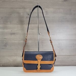 Vintage Dooney & Bourke Classic Navy and Tan Leather Messenger Bag